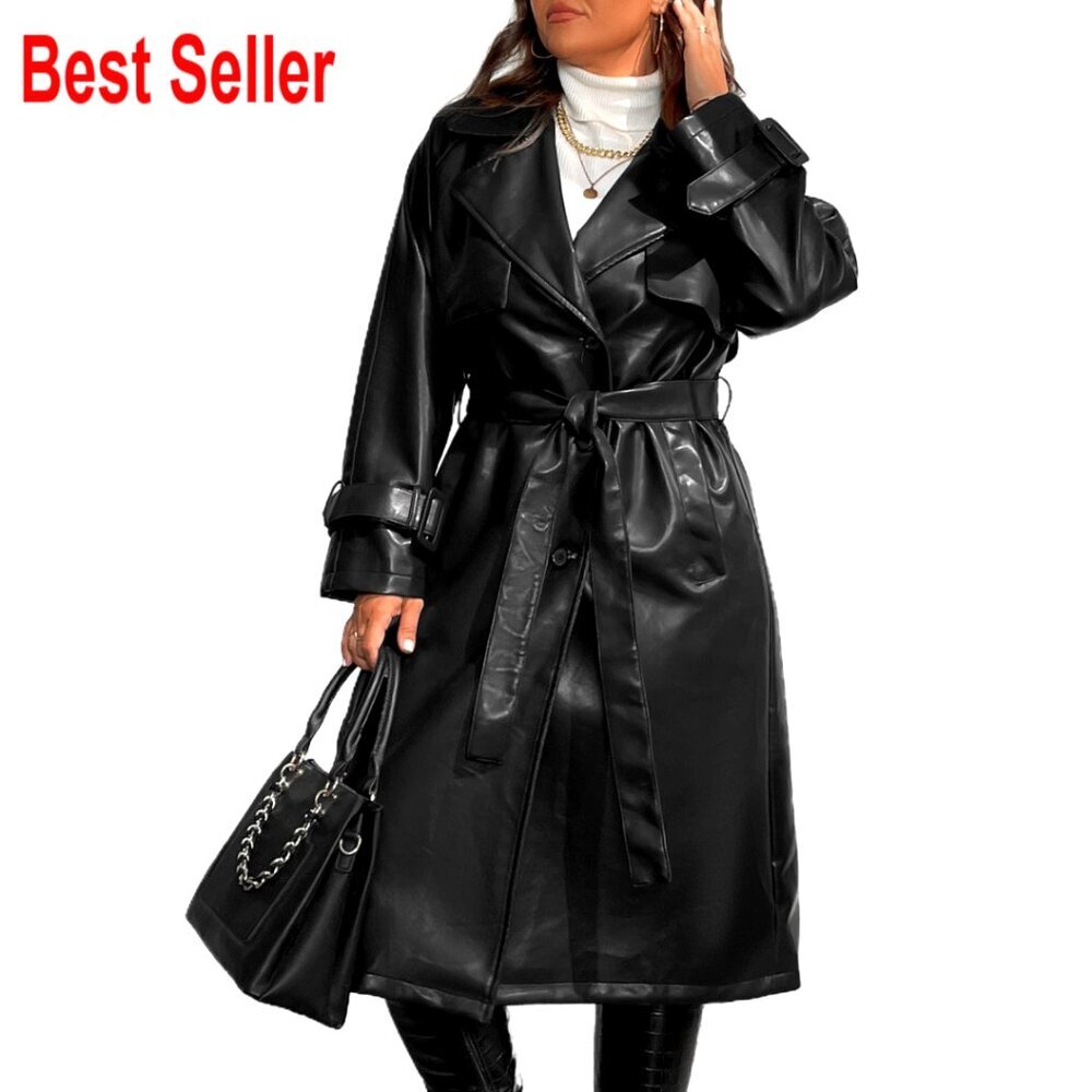 Faux Leather Trench Coat Motorcycle Jacket Belted Overcoat